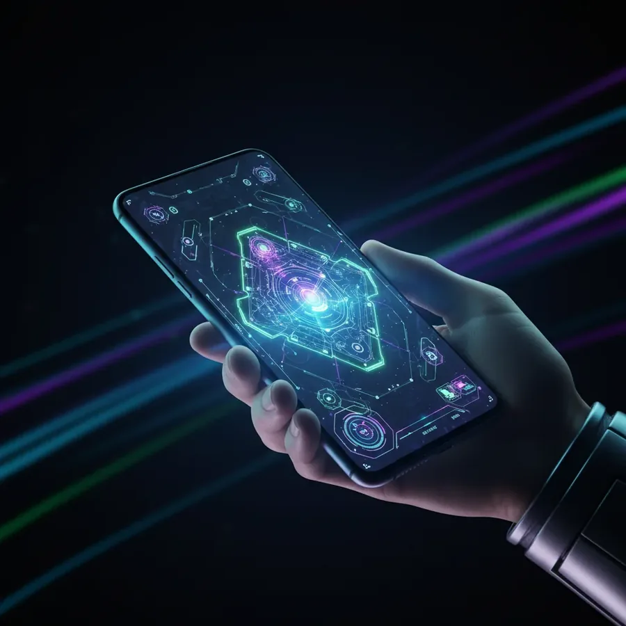 Hand hält ein Smartphone mit leuchtender Benutzeroberflaeche